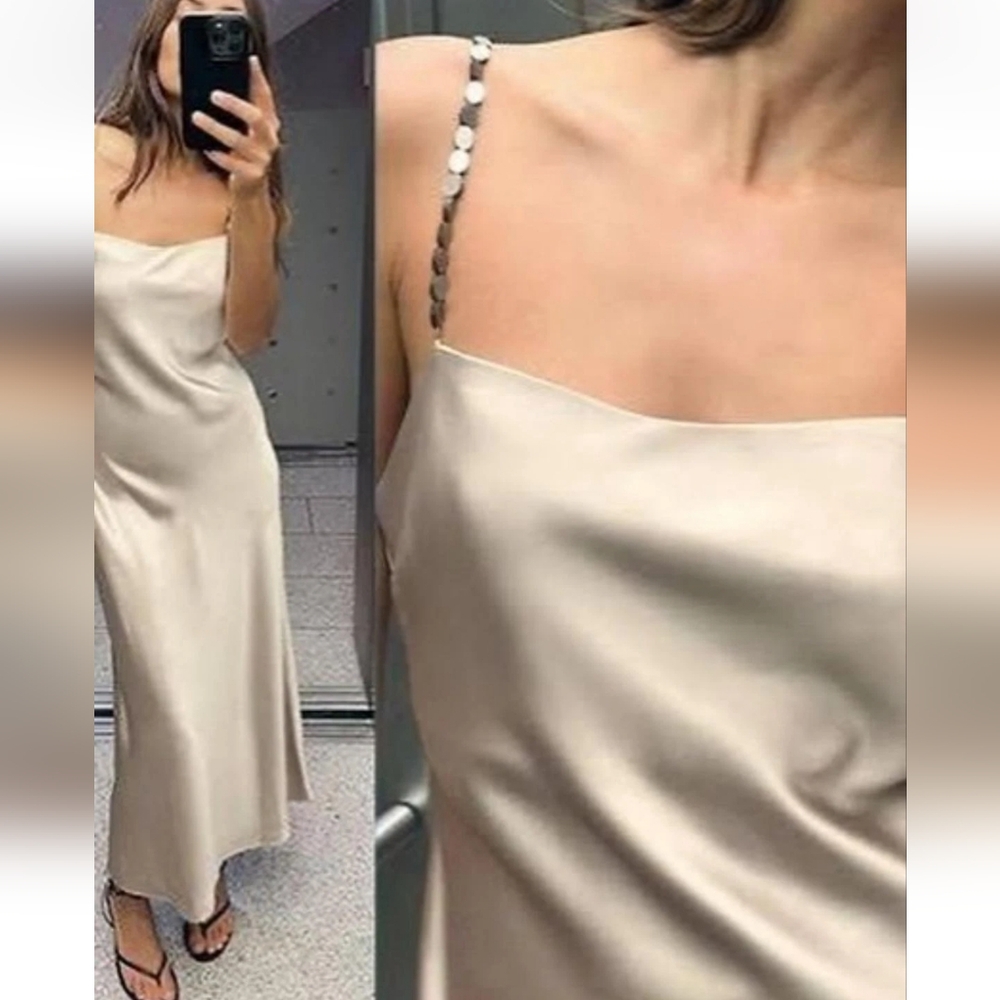 Zara NWT Champagne Beige Satin-effect Midi Slip Dress With Chain Straps Size S
